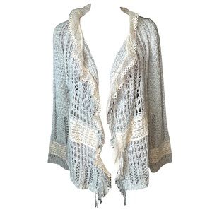 Anthropologie Knitted & Knotted Crochet Lace Cardigan Size Small Cream Gray